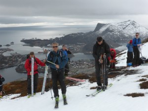 Heading up to Blåtinden to ski the west-facing gorge towards Svolvær.